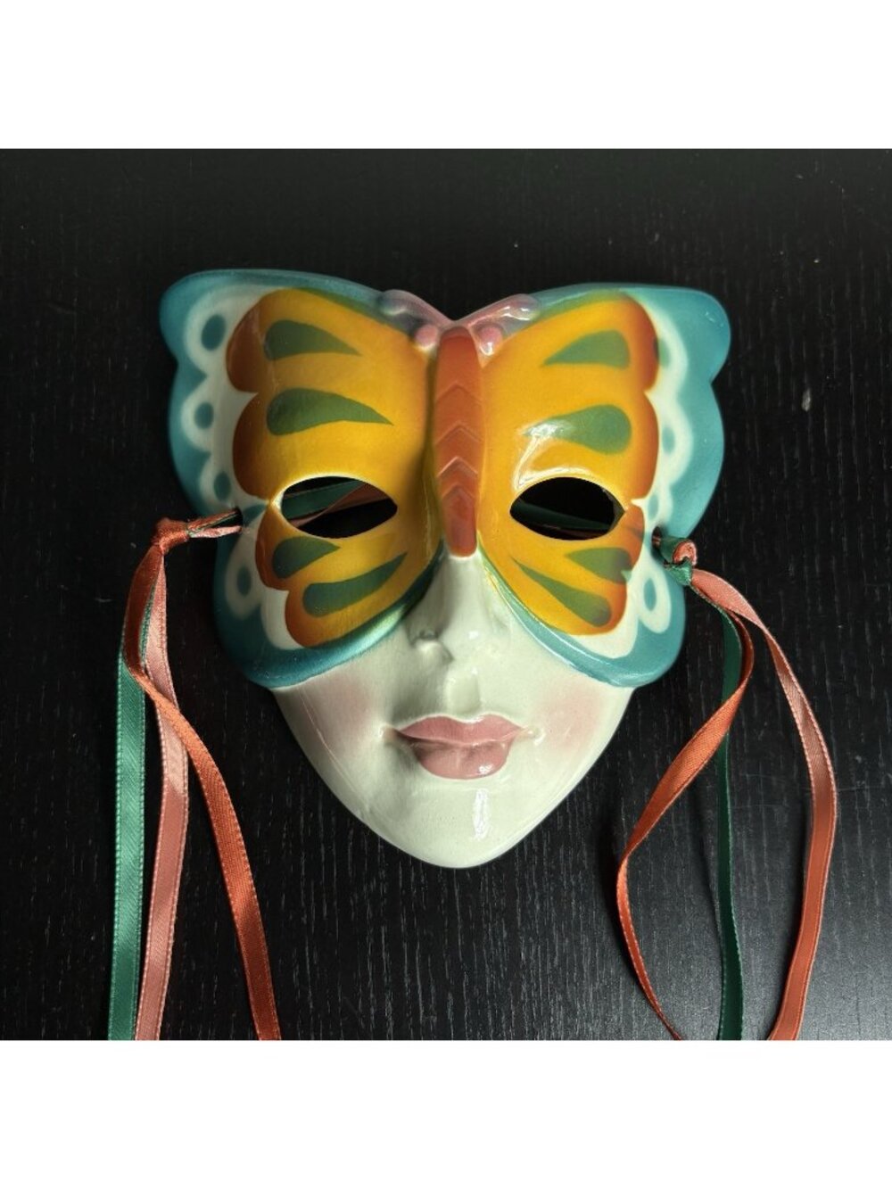 Vintage 80s CLAY ART Ceramic Woman Butterfly Mask Wall Hanging Colorful